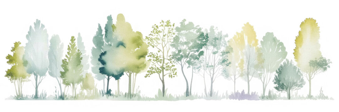 Architectural Drawings, Minimal style cad tree line drawing, Side view, set of section wildlife forest outline symbol for landscape design drawing. Vector illustration in stroke fill in white.