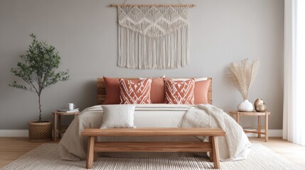 scandinavian bedroom with neutral palette, boho macrame wall art, terracotta accent pillows, wooden bed frame