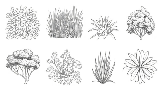 set of shrubs line cad, minimal isolated on white background. Ground cover. Illustration for elevation architectural element, side view, grass section. Turf coating banners for edging