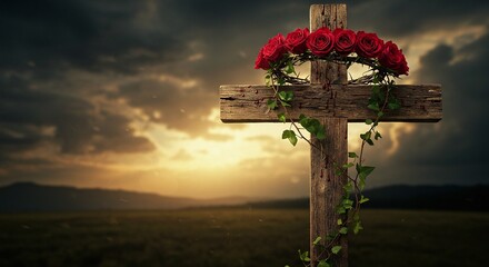 Wooden cross adorned with red roses and ivy against a sunset backdrop, symbolizing faith and remembrance in nature.