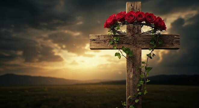 Wooden cross adorned with red roses and ivy against a sunset backdrop, symbolizing faith and remembrance in nature.