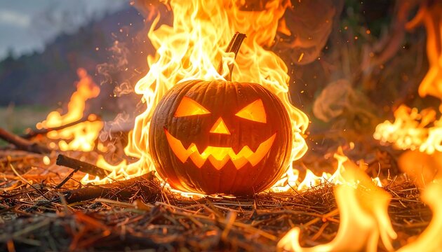 Lit jack-o'-lantern glows, surrounded by intense flames in a rustic setting, evoking warmth and eeriness