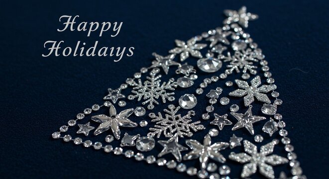 Sparkling holiday cheer with a dazzling gemstone Christmas tree against a serene blue backdrop wishing you a joyous season.