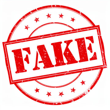 Red grunge rubber stamp with word FAKE, distressed ink texture. Falsification, warning, disapproval