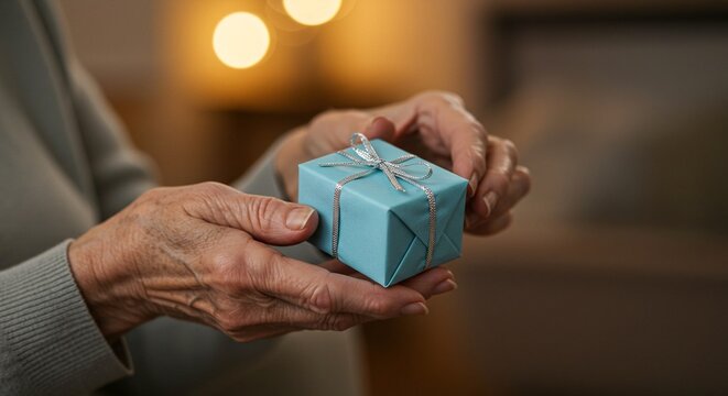 Close up shot of elderly woman holding a delicate light blue gift box with a silver ribbon, adding a touch of elegance.