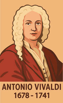Vector portrait of Antonio Vivaldi with captions, used in materials on music and culture. Copy space in the upper-right corner.