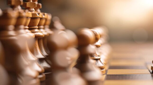 Close up of chess pawns on a chessboard with one pawn standing out in sharp focus on a bright day