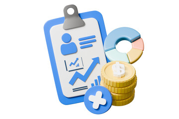 Fototapeta premium 3d clipboard analytics with coin stack icon. add funds growth concept. Minimal cartoon budget report dashboard KPI for fintech banner app hero. isolated on white background. 3d render.