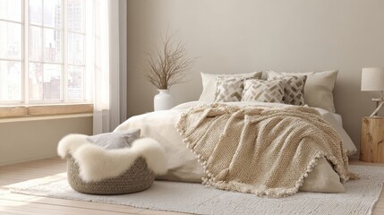 soft bedroom with cat bed near window, cozy throw blanket on floor, sunlight, calm neutral interior