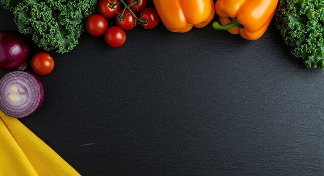 Overhead shot featuring fresh produce: kale, tomatoes, peppers, and onions on a dark background with copy space. - Powered by Adobe