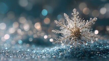 Snowflake is on a blue background with a lot of sparkles. The snowflake is surrounded by a lot of glitter, which gives the image a festive and magical feel