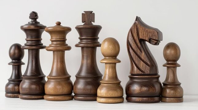 A close up shot of a set of wooden chess pieces arranged in a row on a white surface backdrop view