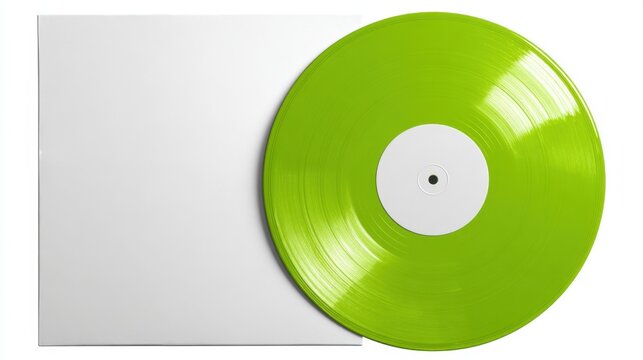 Bright green vinyl record rests next to a clean white album cover showcasing a modern aesthetic. - Powered by Adobe