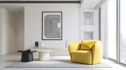 white minimalist living room with yellow accent armchair, black line wall art, natural light