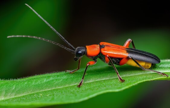 Vibrant polilla tonta beetle resting on a lush green leaf in nature