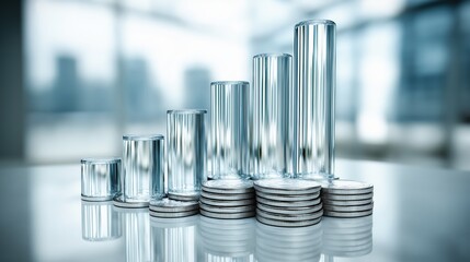 Glass-like charts show rising financials in a polished workspace that inspires progress