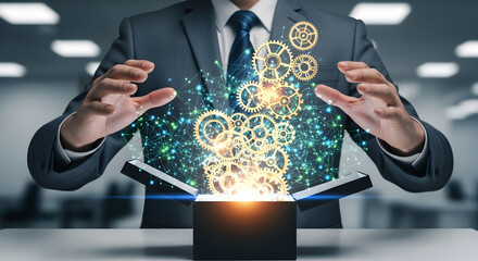 Businessman reveals innovative ideas with glowing gears and network connections emerging from a box