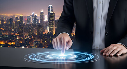 Confident businessman initiating digital interface with futuristic city skyline at night