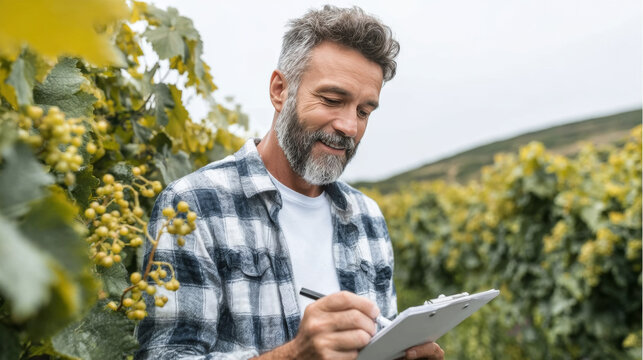 Farmer or winemaker checking budding grapes in a lush vineyard, focused on recording observations for future harvest