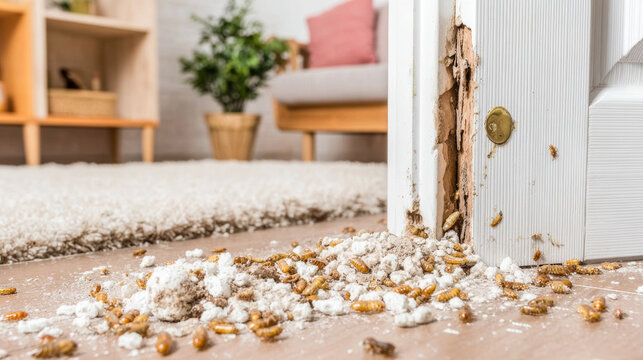 Termite larvae and chewed wood particles littering a floor, indicating a pest infestation problem in a residential setting