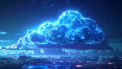 Luminescent cloud formation radiates shimmering blue light against a cloudy, dark blue and white sky above a city