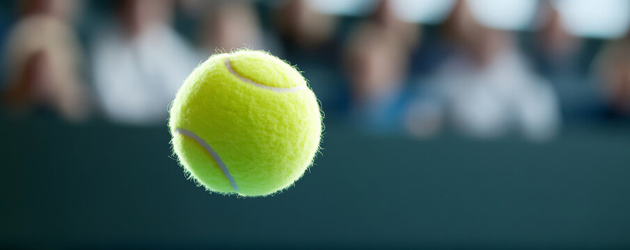 Tennis ball defying gravity in mid air, perfectly focused on the court, with the blurred audience in the background