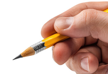 Close-up of a hand holding a yellow pencil.  The pencil is gripped firmly, with the point angled slightly downwards.  Close-up view shows details of the pencil's wood and metal components