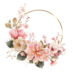 Delicate floral wreath in a gold ring.  Pink and white blooms,  various shades,  with  leafy accents.  Soft, watercolor-like style