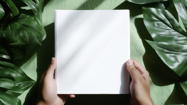 Person holding white blank square booklet mockup with tropical leaves and natural light shadows