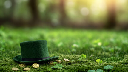 Verdant leprechaun hat rests on the lush forest floor, surrounded by gleaming gold coins and delicate shamrocks, capturing the essence of Irish luck and St. Patrick's Day tradition