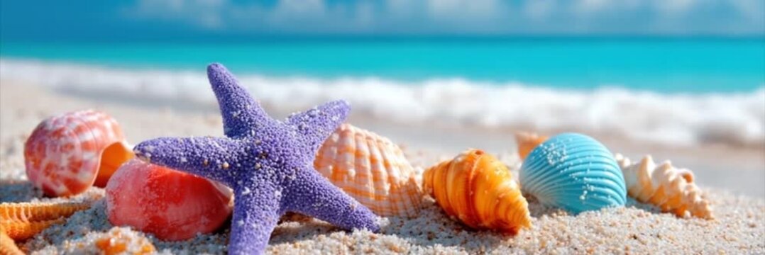 Sea star and colourful shells on tropical sand beach by the ocean panorama footage. Summer vacation, holiday and tourism concept. Advertisement and commercial for trip and travel agency