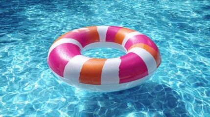 Naklejka premium Brightly colored ring sits on the water surface reflecting sunlight inviting fun and relaxation.