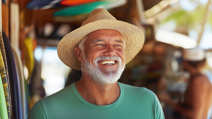 Experienced senior man with a white beard wearing a straw hat, smiling against a backdrop of surfboards in a busy beach shop