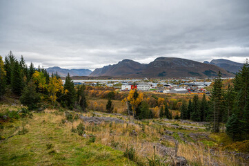 Sortland, Norway landscape featuring the town and industrial area, nestled among autumnal trees, with majestic mountains in the background under a cloudy sky