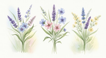 Naklejka premium Watercolor spring floral bouquets set, hand painted delicate flowers