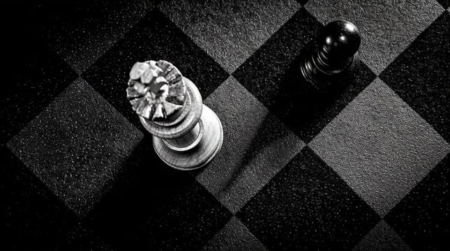 A chess board with a white king and a black pawn in a black and white checkered pattern design