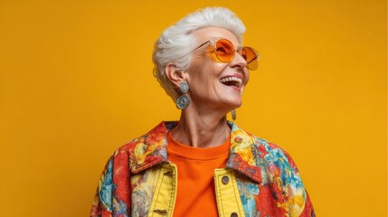 Obraz premium A stylish woman smiles happily while wearing colorful clothing against a vivid yellow backdrop.