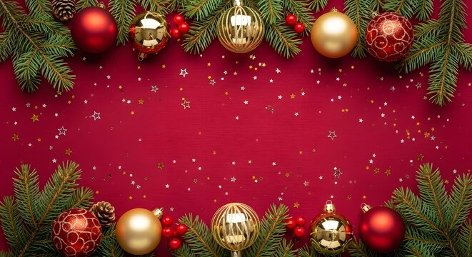 Christmas background with xmas tree and sparkle bokeh lights on red canvas background. Merry christmas card. Winter holiday theme. Happy New Year. Space for text. generative ai