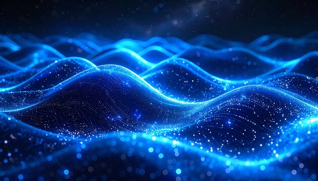 Luminescent blue waves undulate with scattered lights under a dark expanse speckled with distant stars