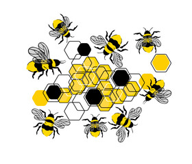 Bees and honeycombs, Bee Kids Vector, Honey Bee Vector, Bee Cartoon Image. hand drawn. Not AI, Vector illustration