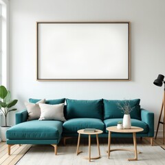 Turquoise sofa with cushions in bright room with empty frame