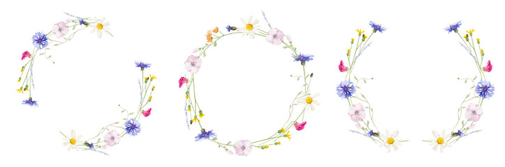 Watercolor floral round wreath frame set. Wild meadow blue cornflowers, pink, violet, orange, yellow flowers, green branches. Hand drawn style illustration. Artistic template design.