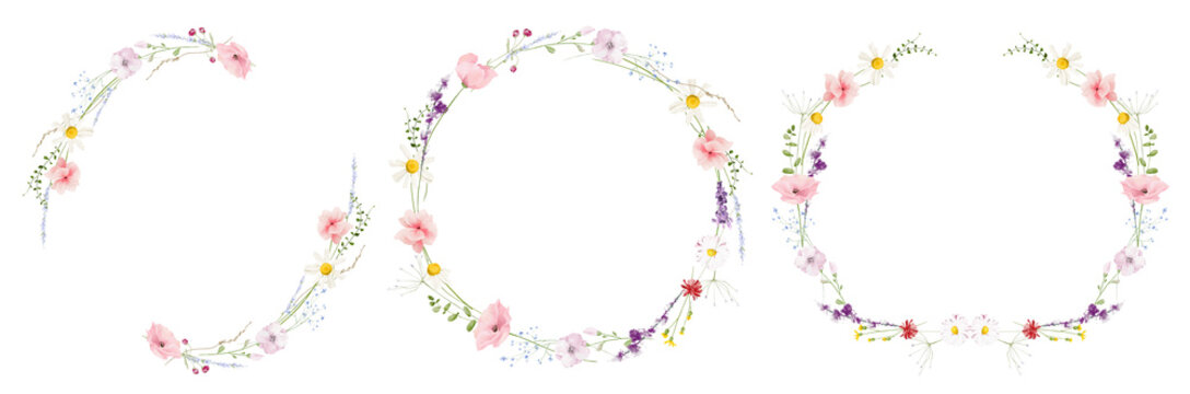 Watercolor floral round wreath frame set. Diverse meadow pink poppies, violet lavender, yellow flowers, green branches. Hand drawn style illustration. Artistic template design.