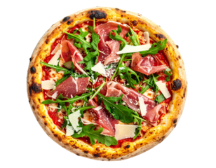 Prosciutto pizza with arugula and parmesan slices isolated on transparent background PNG