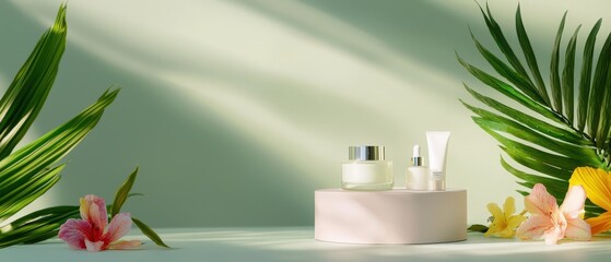 Skincare Products Displayed on Podium with Tropical Flowers and Leaves
