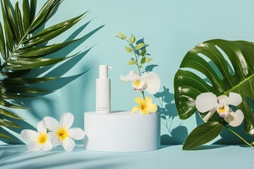Skincare Products Displayed on Podium with Tropical Flowers and Leaves