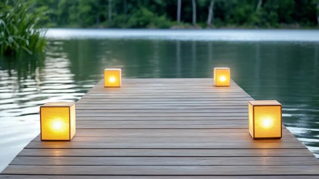 Serene dock adorned with glowing lanterns by tranquil lake, evoking evening tranquility and peace