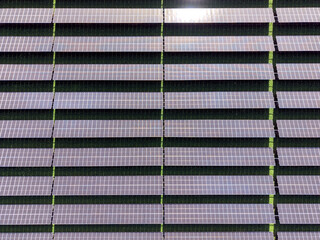 Aerial view of a solar farm producing clean renewable sun energy, industrial landscape