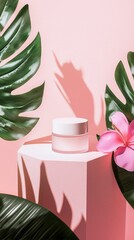 Skincare Products Displayed on Podium with Tropical Flowers and Leaves