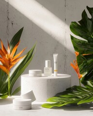 Skincare Products Displayed on Podium with Tropical Flowers and Leaves